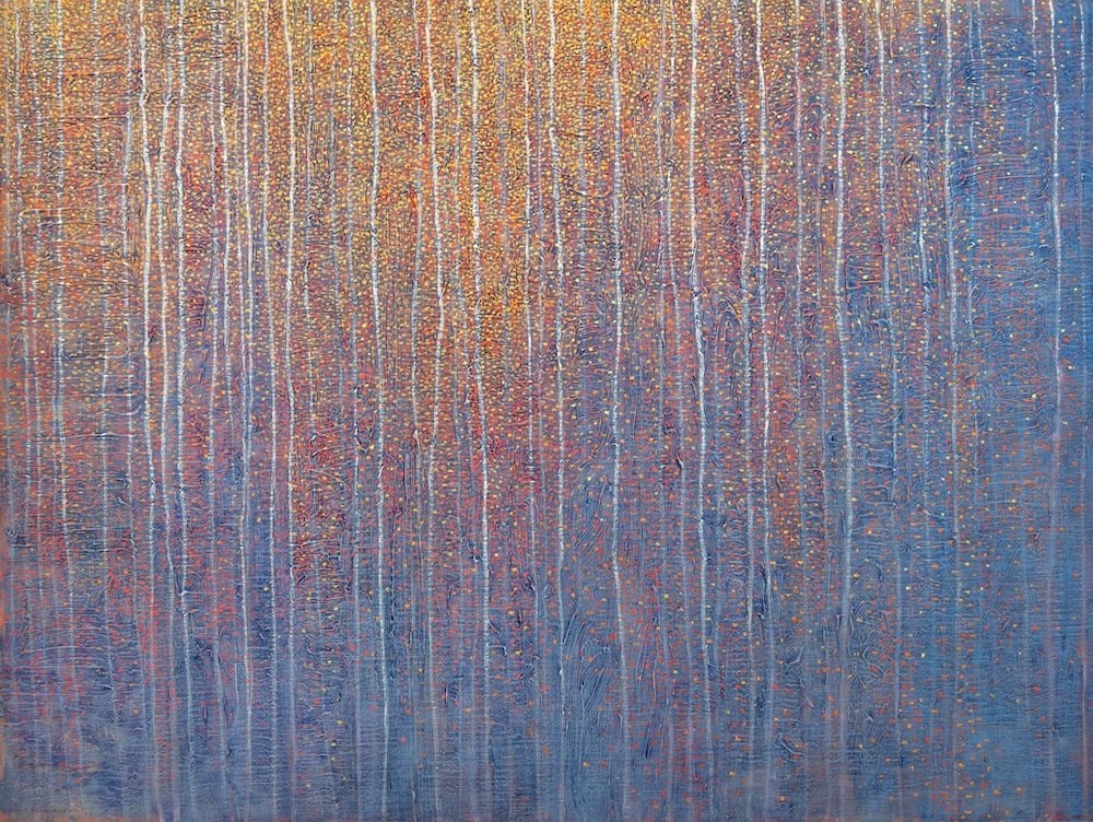 Painting by David Grossmann of abstracted trees in a Contemporary Western Landscape style