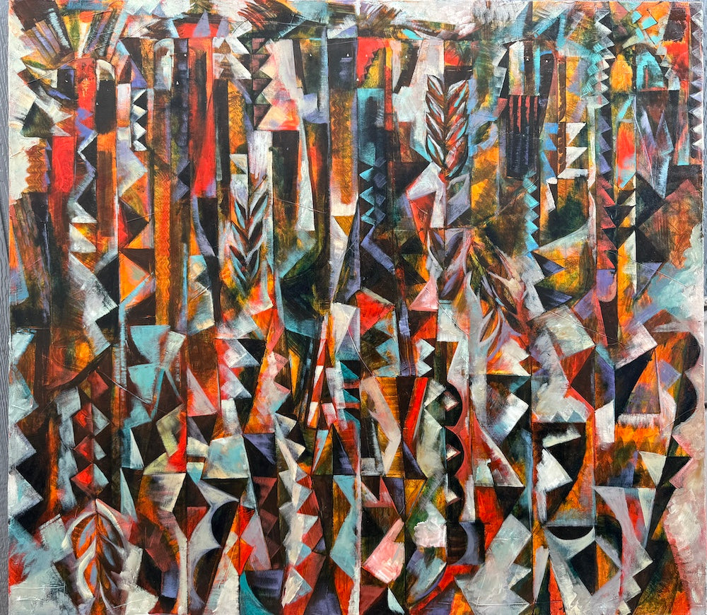 Painting of cubist shapes and native imagery