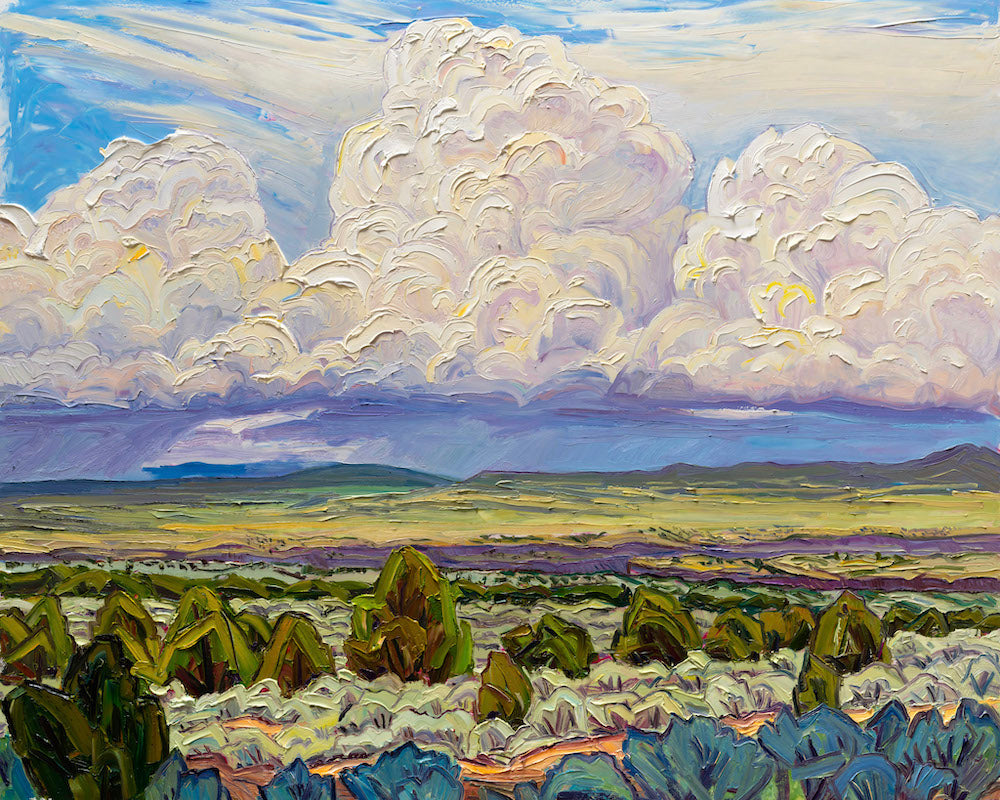 Vibrant oil painting of a sunset over sagebrush and distant mountains with rich textures and bold strokes of yellow and purple.