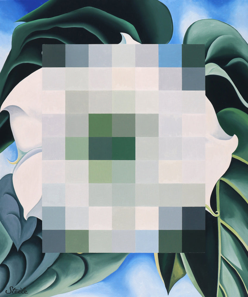 Pixelated floral painting in the style of Georgia O'Keeffe by Ben Steele in blues, whites, and greens.