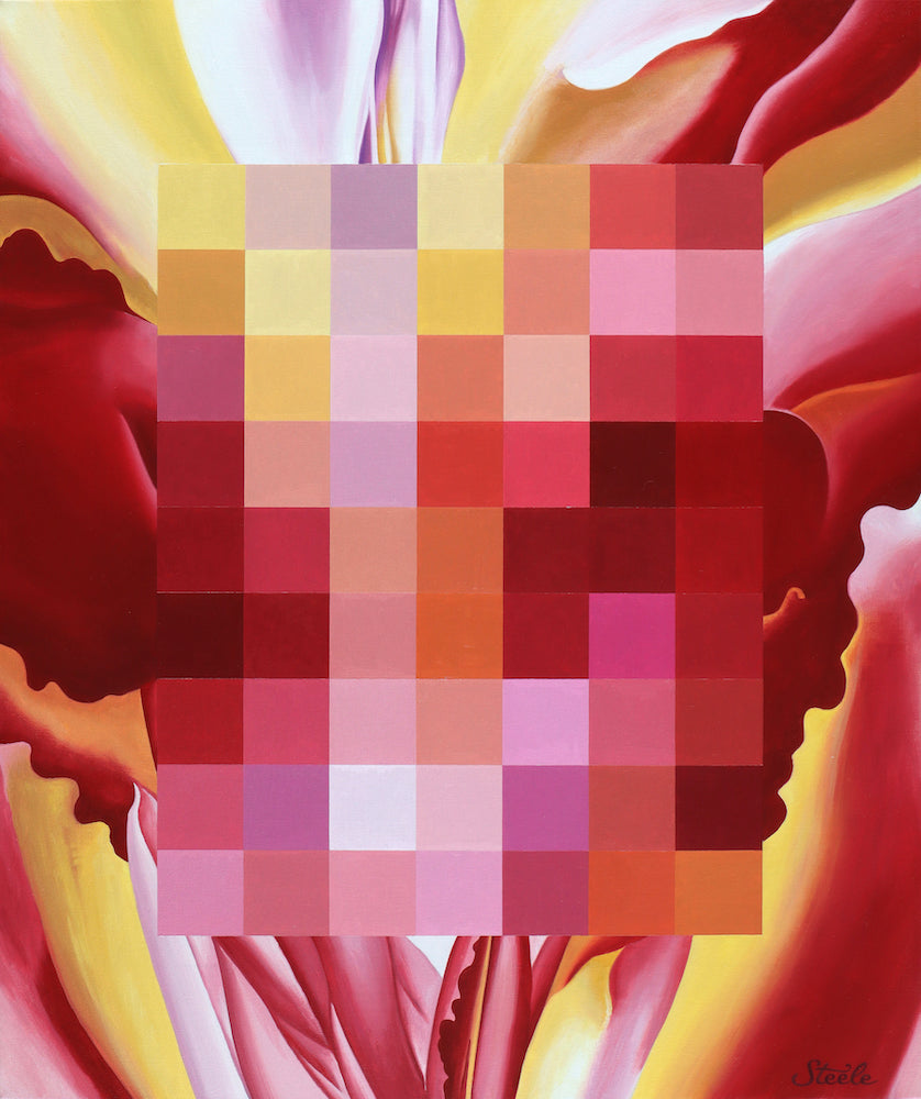 Close up painting of a pixelated flower in the style of Georgia O'Keeffe with yellows, reds, and pinks by Ben Steele