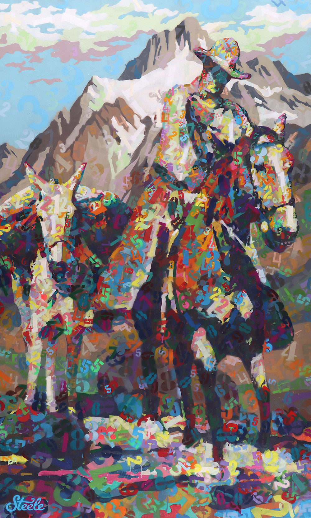 Pop western painting of a cowboy on horseback with a donkey in the Tetons by Ben Steele