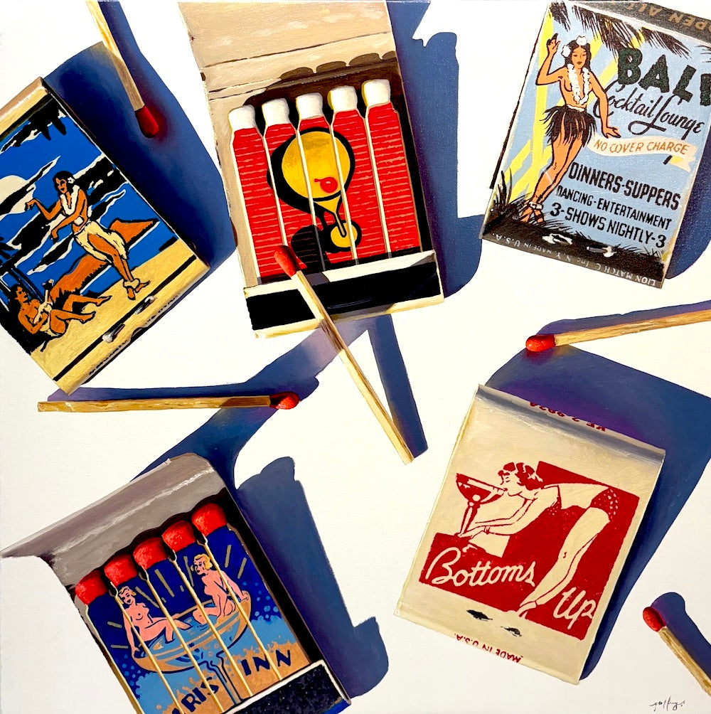 Painting of matchboxes with vintage-style graphics and text on a white background by Geoffrey Gersten