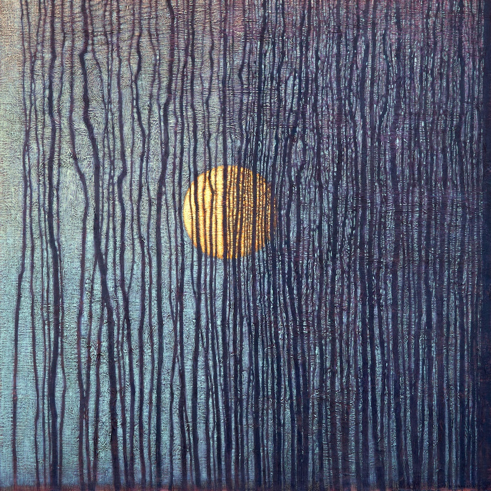 Contemporary Western landscape painting of a moon through textured trees by David Grossmann