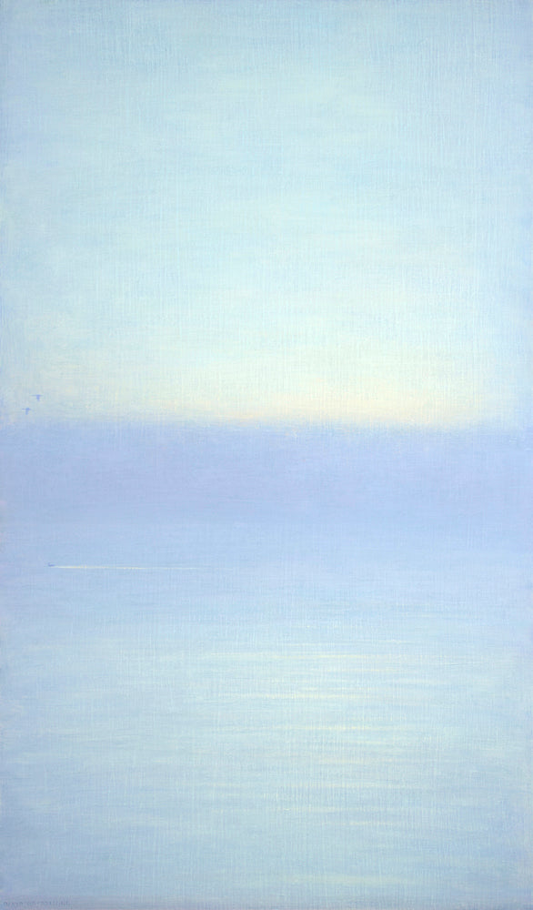 Contemporary Western landscape painting of a misty blue morning by David Grossmann