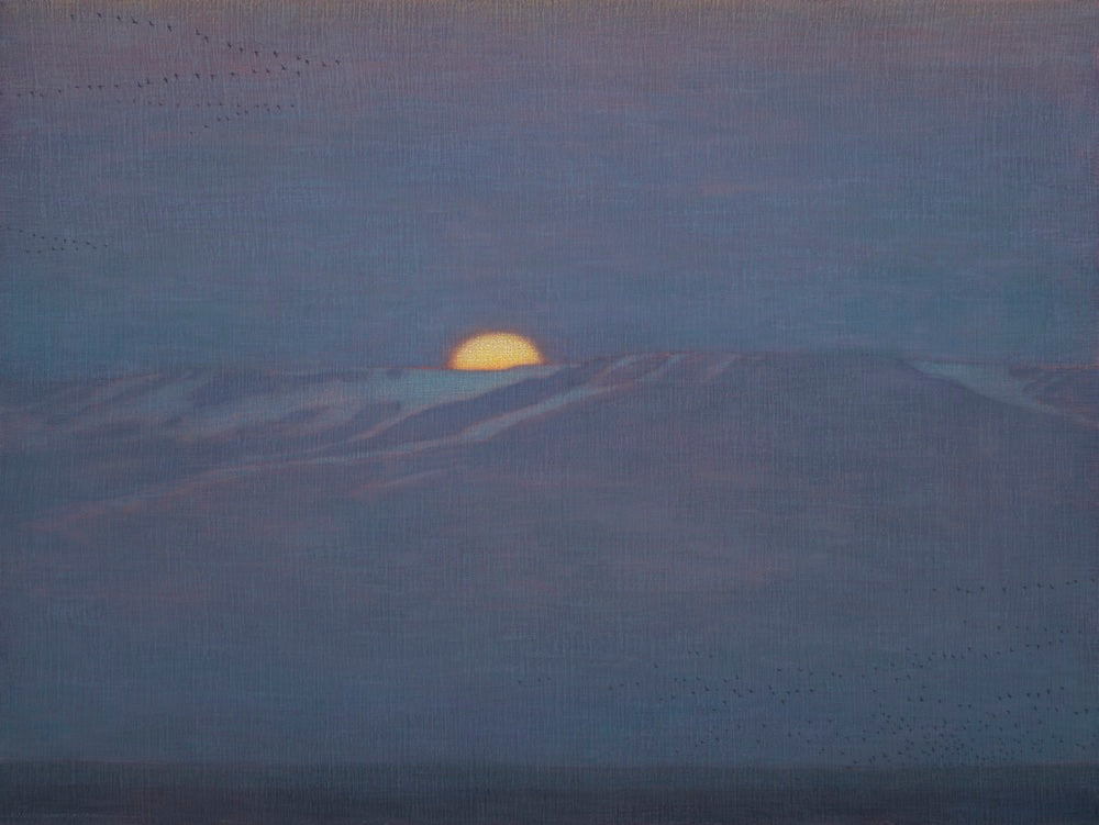 Contemporary Western landscape painting of the moon over mountains at nightfall by David grossmann