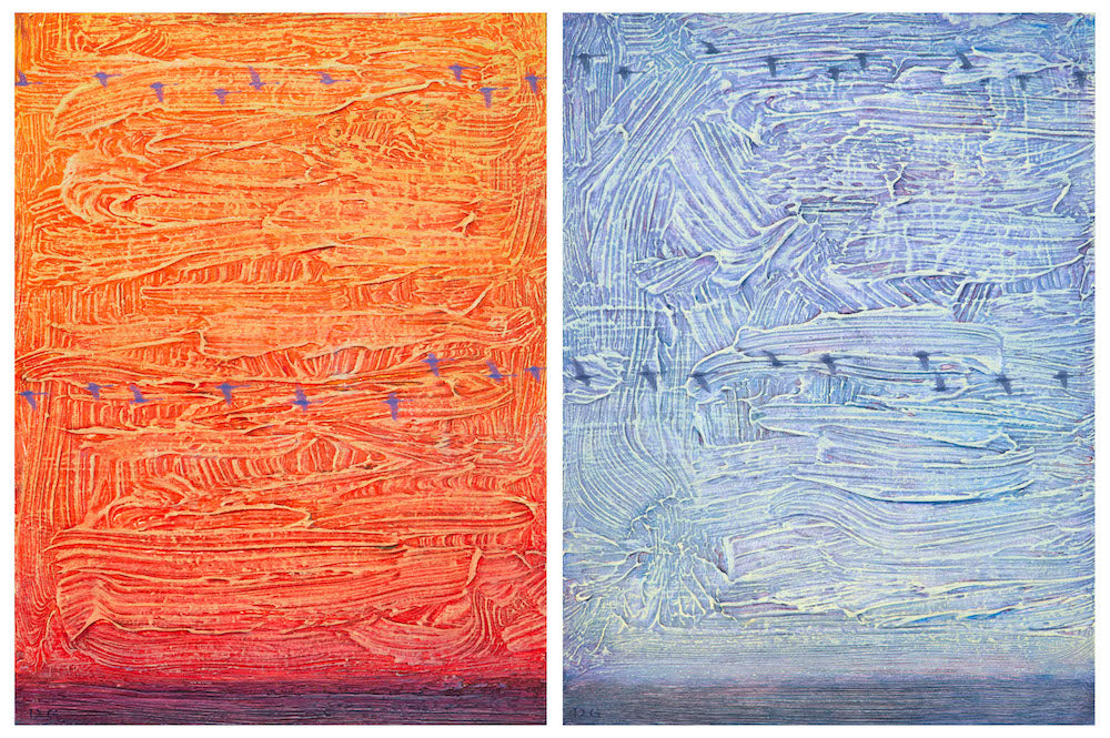 Abstract textured contemporary western oil landscape of birds in flight by David Grossmann