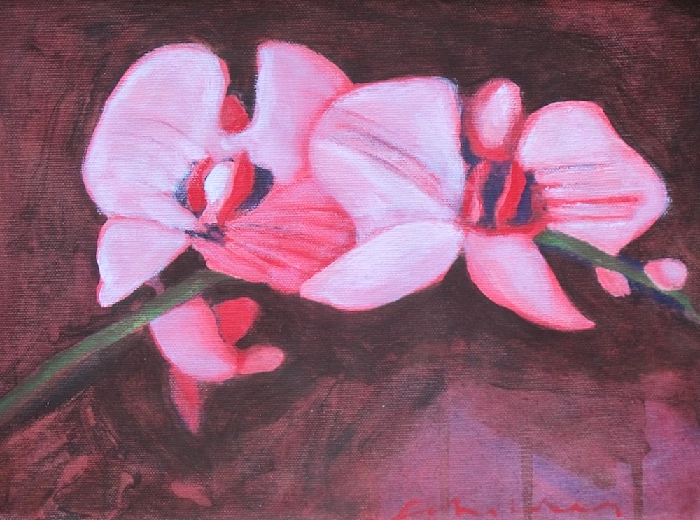 Close-up of two pink orchids on a dark stem, set against a moody maroon background in a floral painting by Fritz Scholder.