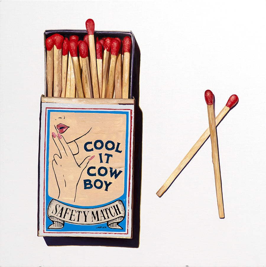 Painting of matchbooks with a woman saying Cool It Cowboy by Geoffrey Gersten