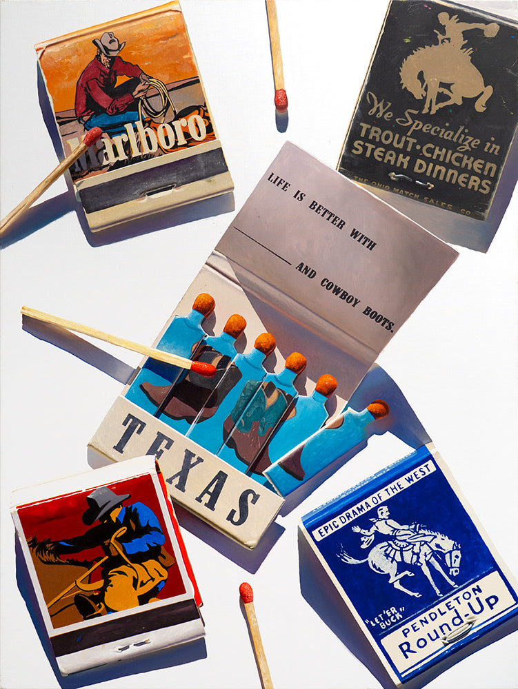 Colorful painting of vintage matchbooks featuring cowboy imagery, classic branding, and Western slogans like “Texas” and “Pendleton Round-Up.”