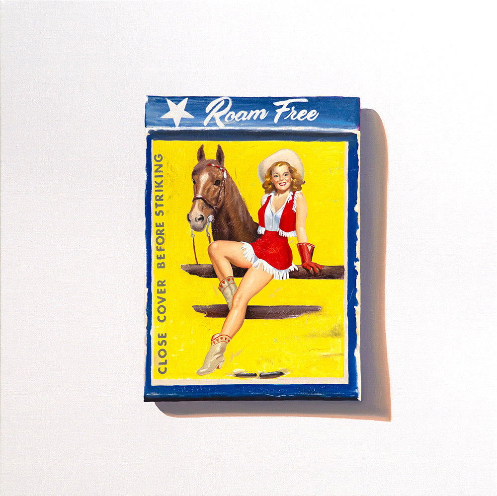 Vintage-style painting of a Western cowgirl and horse on a matchbook cover with bold colors and retro Americana flair.