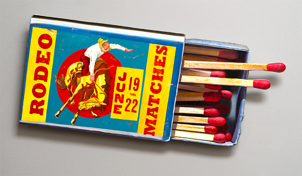 Pop art painting of a vintage matchbox labeled “Rodeo Matches,” with a bronc rider and bold yellow-red Western typography