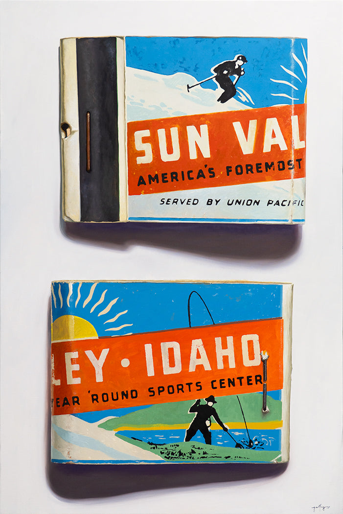 Western Pop painting of matchbooks featuring Sun Valley Idaho in bright color by Geoffrey Gersten.