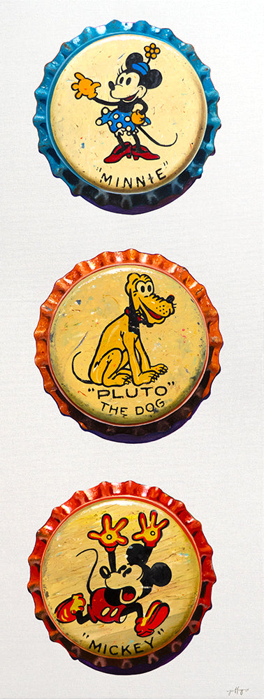 Three vintage-style painted bottle caps featuring Minnie Mouse, Pluto, and Mickey Mouse on a white background.