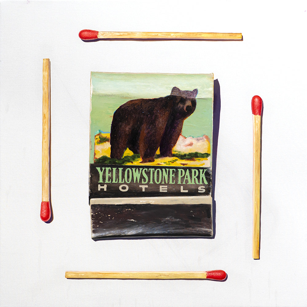 Contemporary painting of a Yellowstone Park matchbook featuring a grizzly bear, framed by red-tipped matches on a white background.