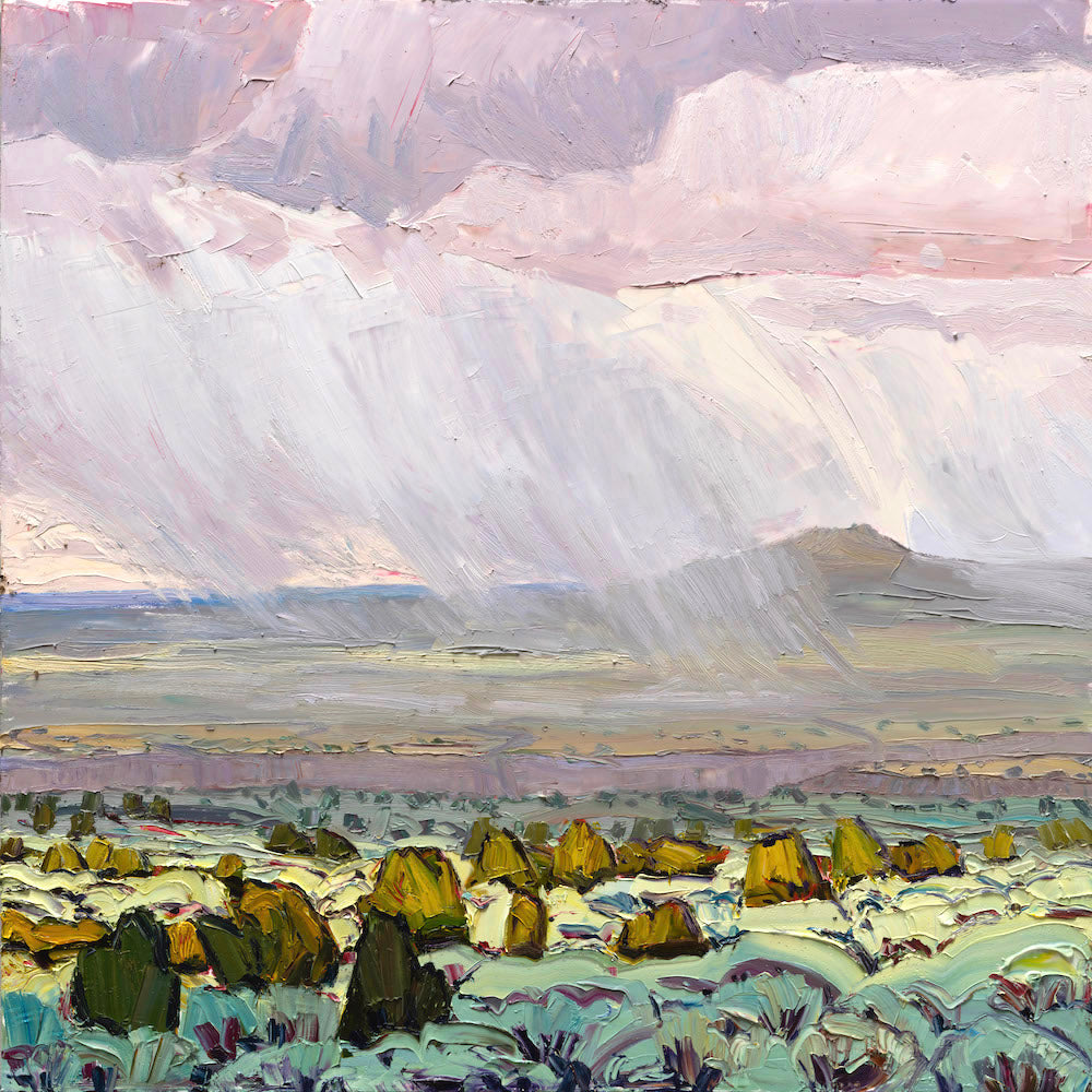 Contemporary Western landscape oil painting of a rain storm in New Mexico by Jivan Lee.