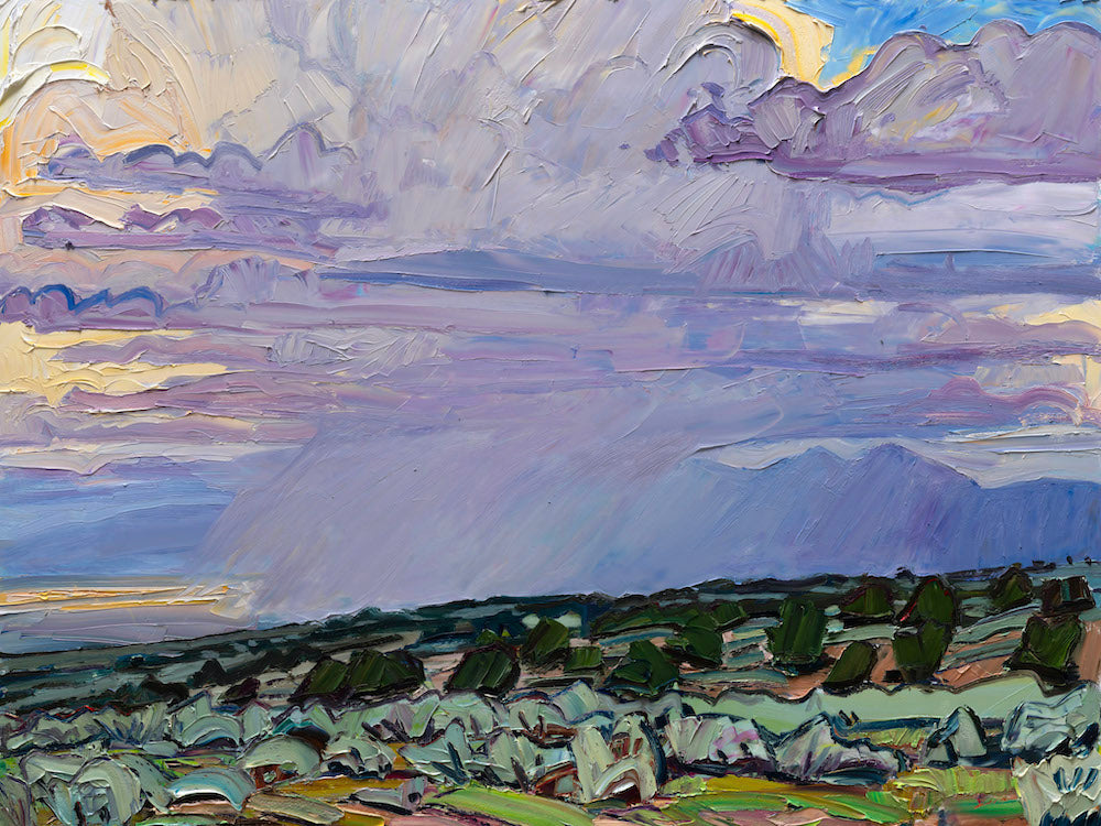 Jivan Lee's abstract Western painting of a landscape with mountains and a cloudy sky