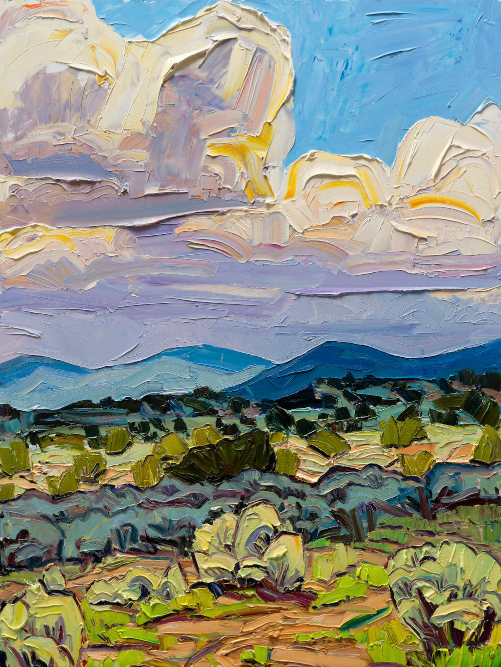 Painting by Jivan Lee of clouds over a New Mexico landscape in impasto oil