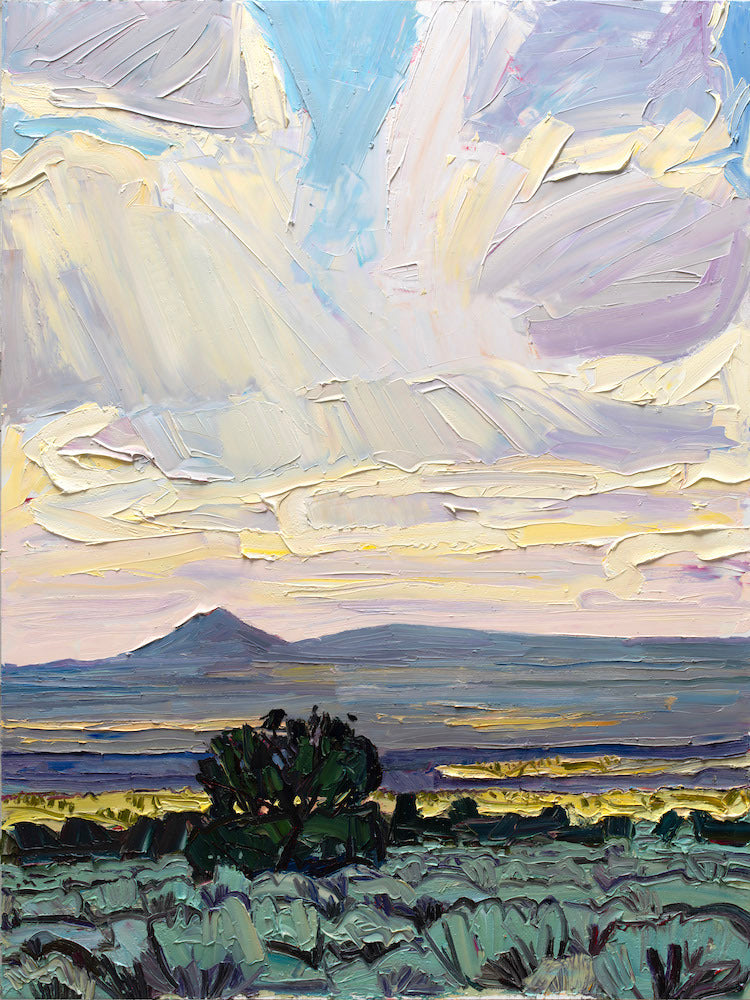 Contemporary Western Landscape painting of clouds and a tree by Jivan Lee