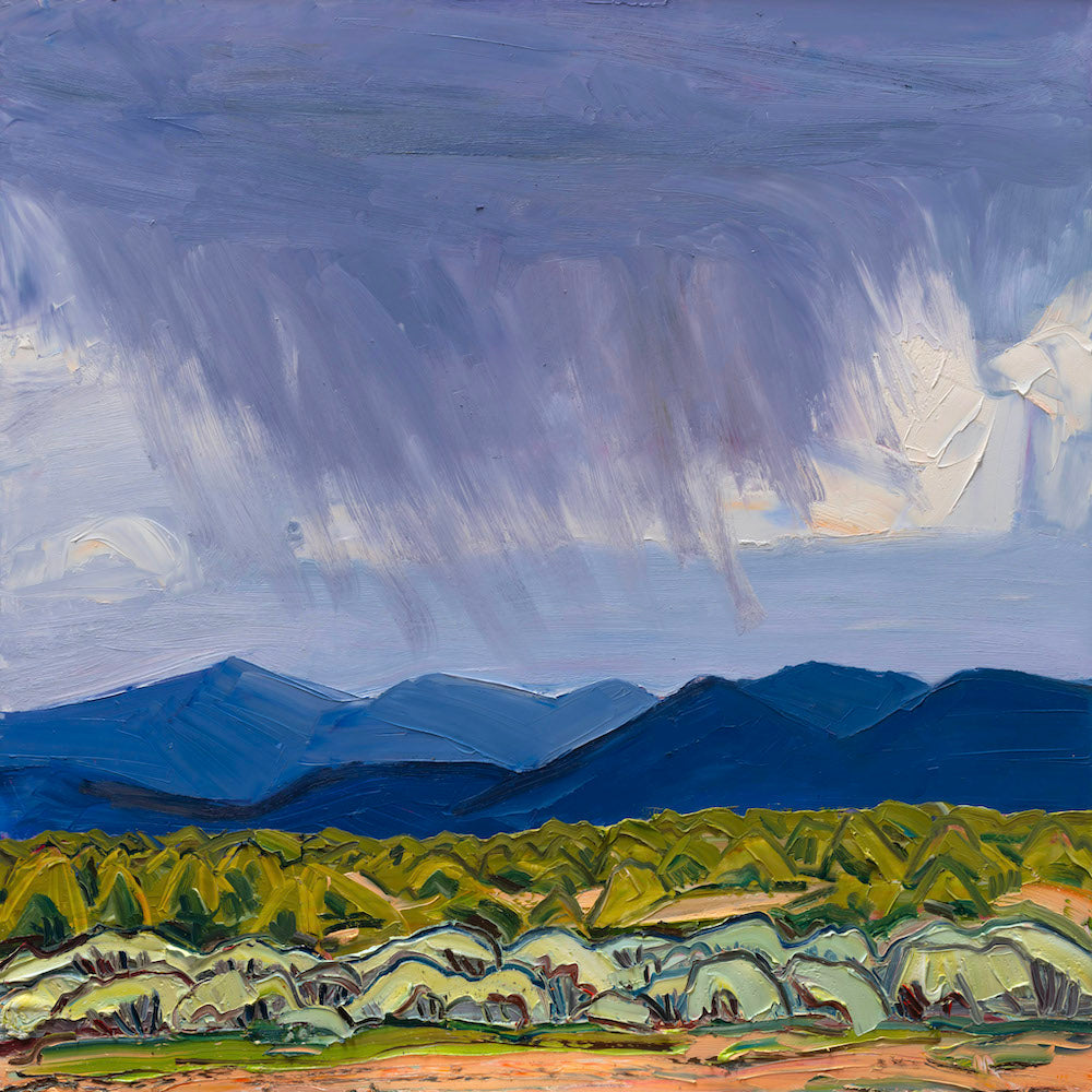 Jivan Lee's impasto painting of a landscape with heavy rain, mountains, and trees under a dramatic sky.
