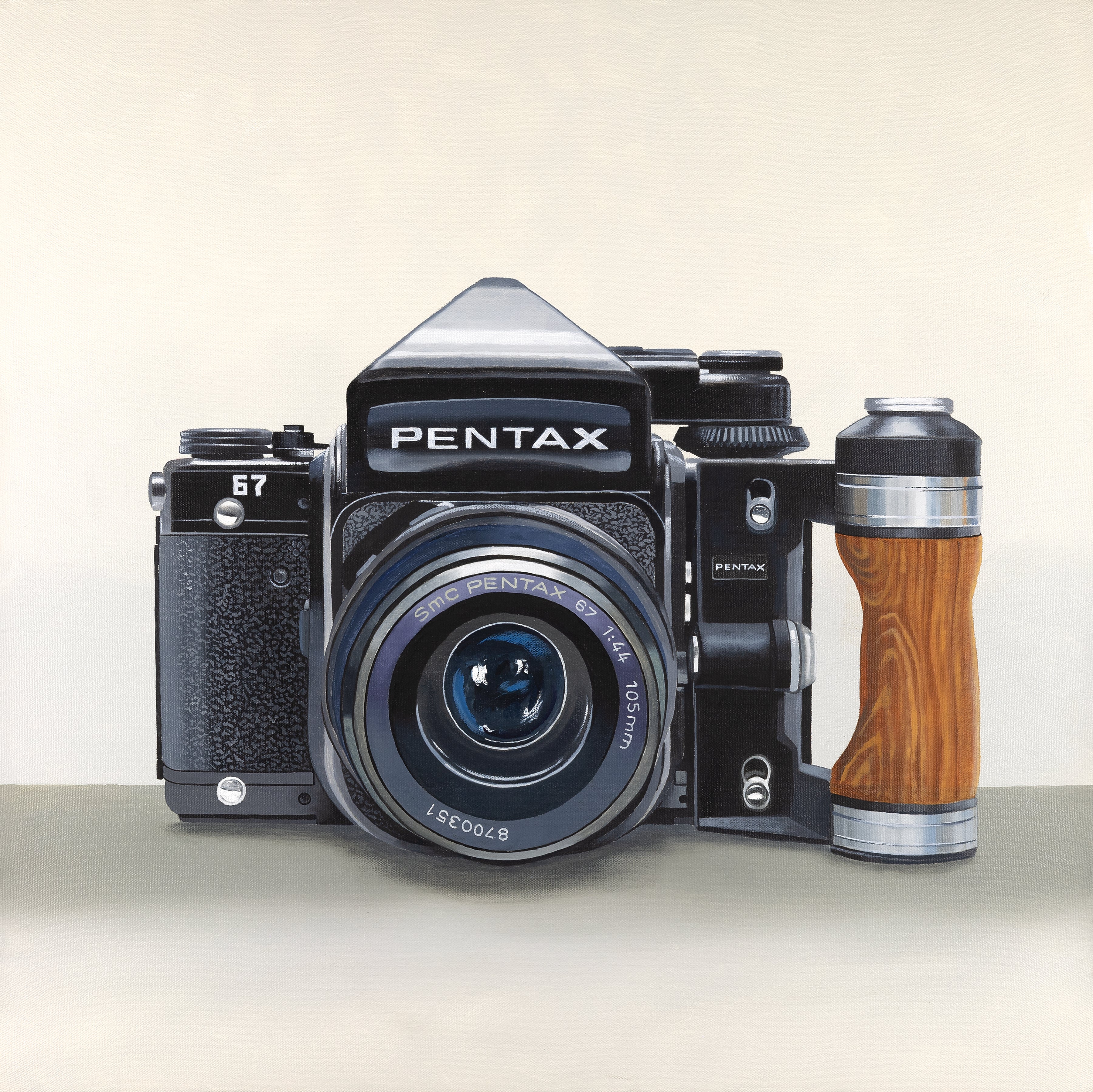 Painting of a vintage Pentax camera with wooden grip on a light background by Scott Yelonek