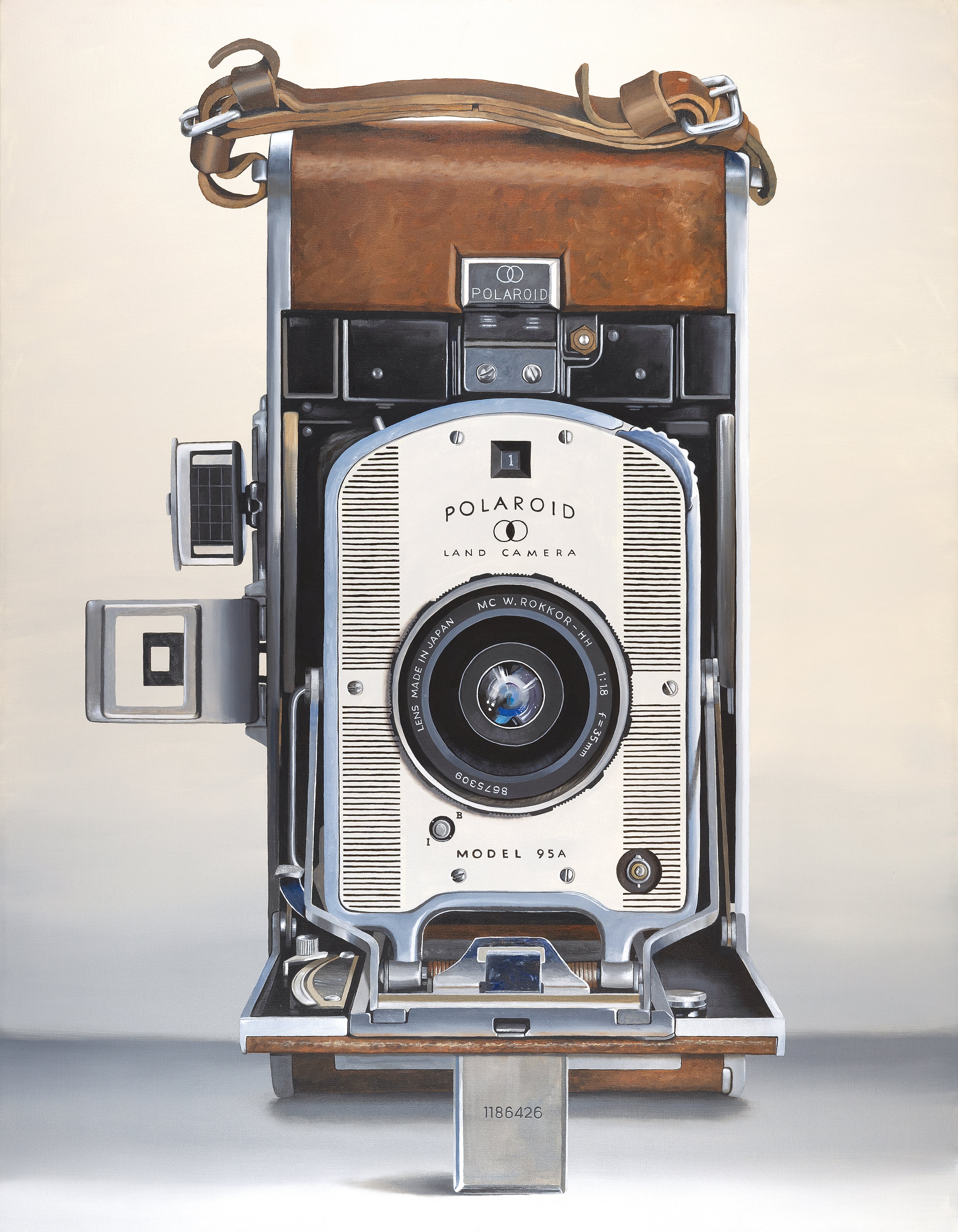 Painting of a vintage Polaroid camera on a white background by Scott Yelonek