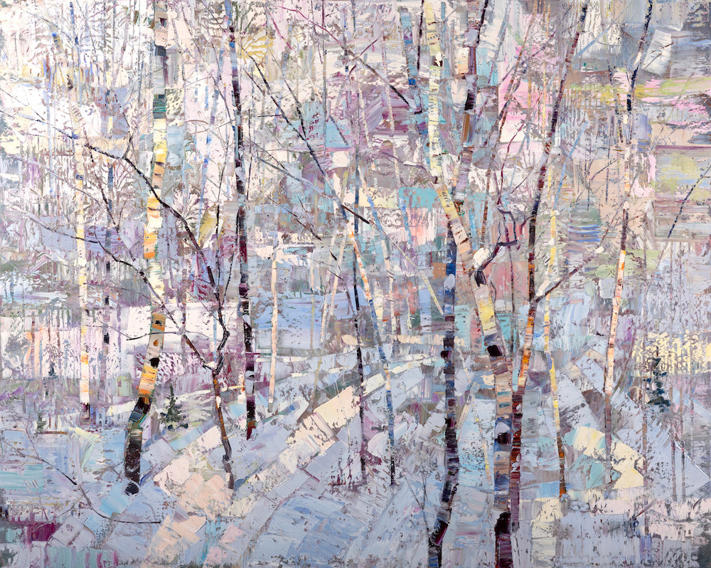 A grove of birch trees stands in a soft, pastel-toned winter forest, rendered with gestural strokes and layered texture.