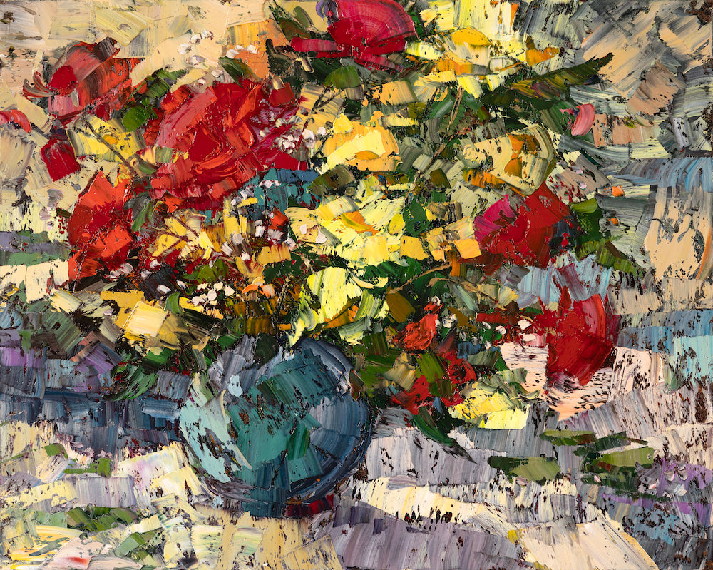 Impressionistic painting of flowers in a vase by Robert Moore