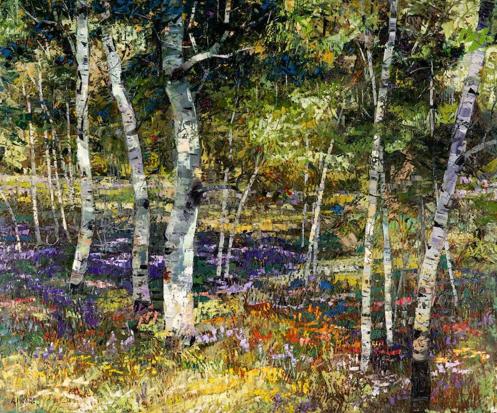 A vibrant forest scene with birch trees and wildflowers, painted in bold strokes and luminous greens, purples, and yellows.
