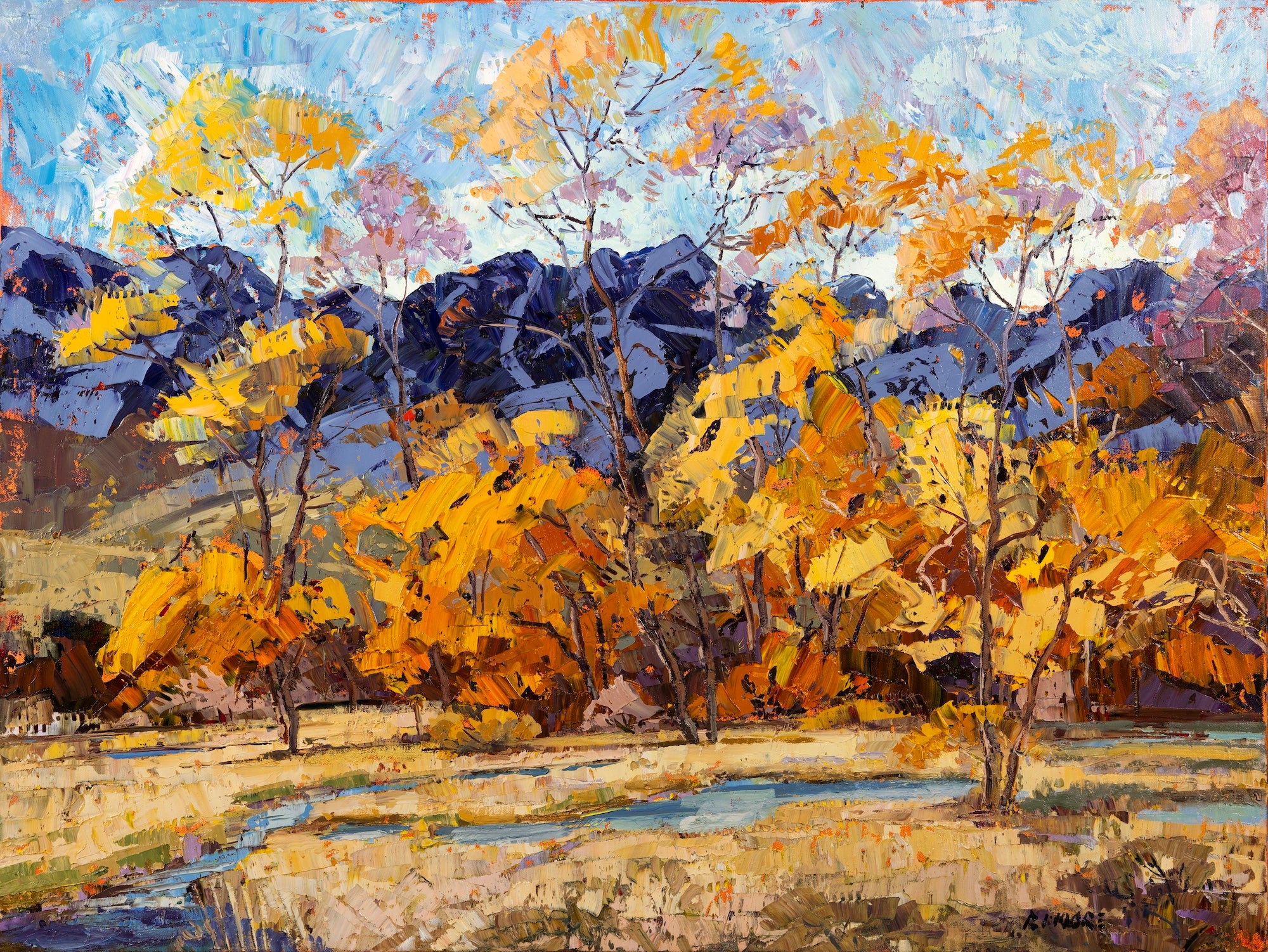Painting of autumn trees with colorful foliage and a stream by Robert Moore