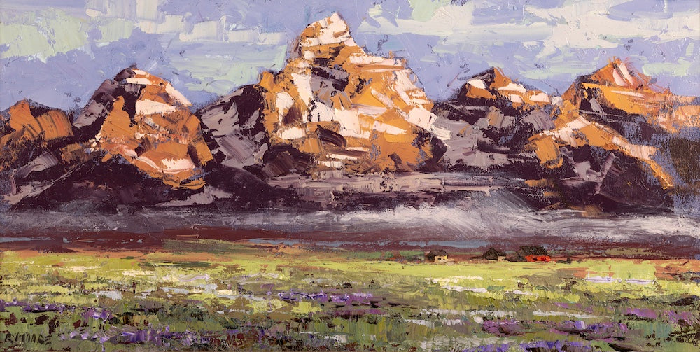 Abstract painting of a mountain landscape with rocky peaks and a grassy foreground by Robert Moore