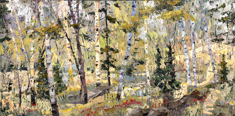 Abstract painting of a forest scene with trees and ground by Robert Moore