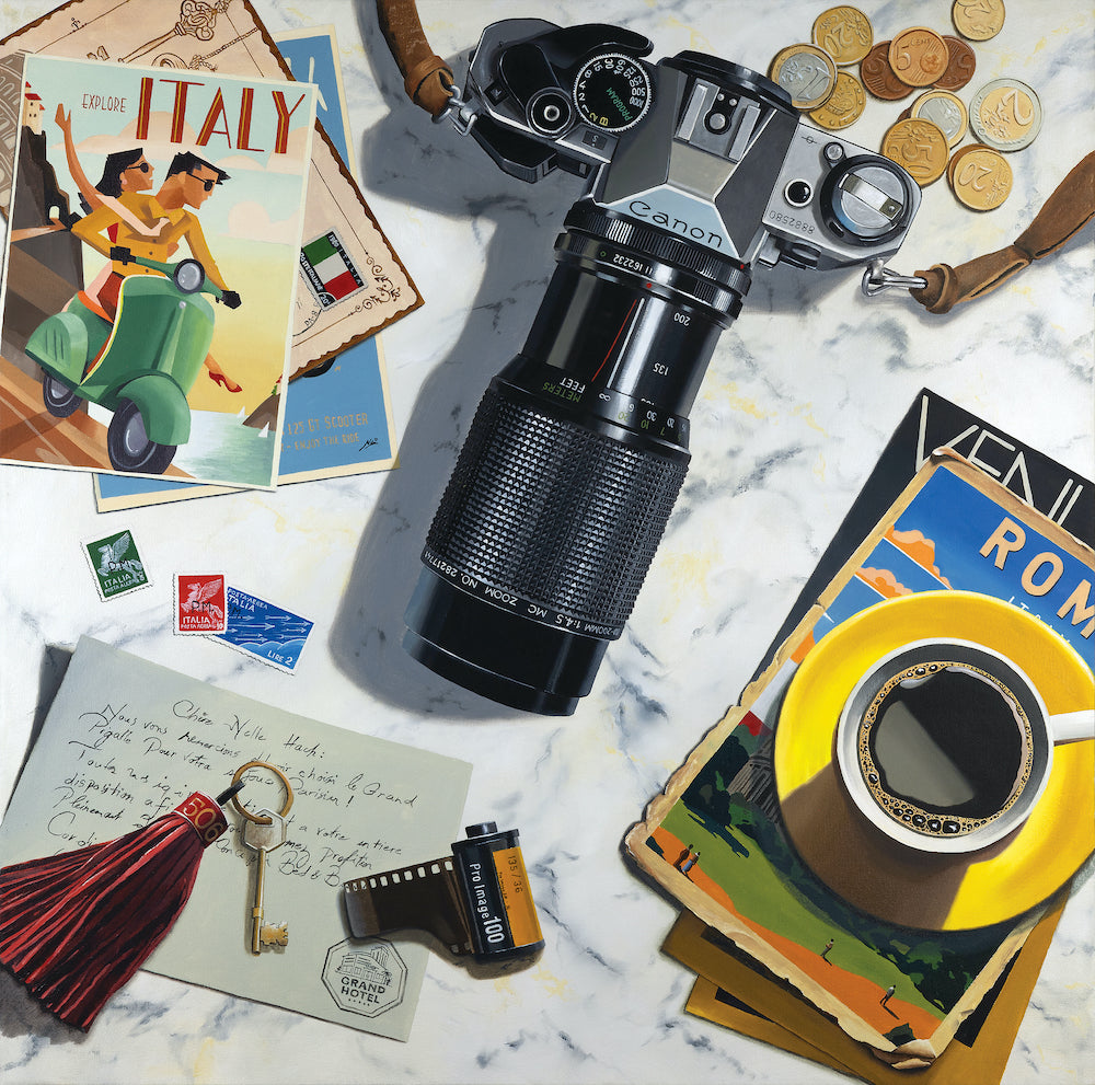 Painting of a vintage camera lens on a marble surface with Italy-themed items by Scott Yelonek