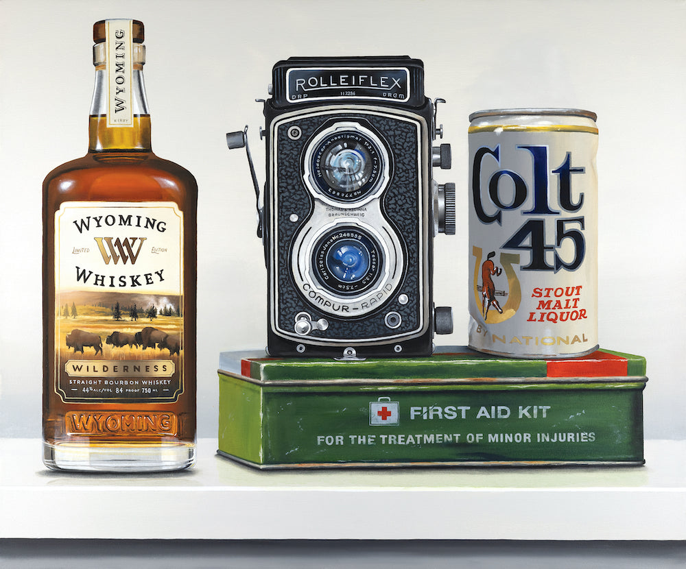 Painting of Wyoming whiskey bottle, Rolleiflex camera, and Colt 45 can on a white background