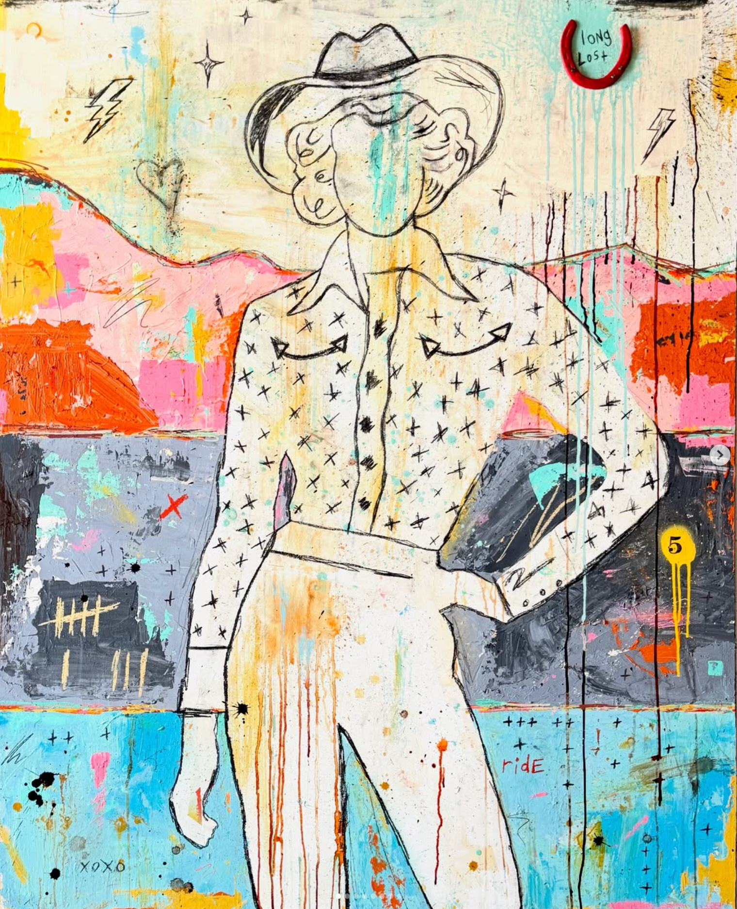 Colorful artwork of a woman wearing a cowboy hat and shirt with abstract background by Miles Glynn