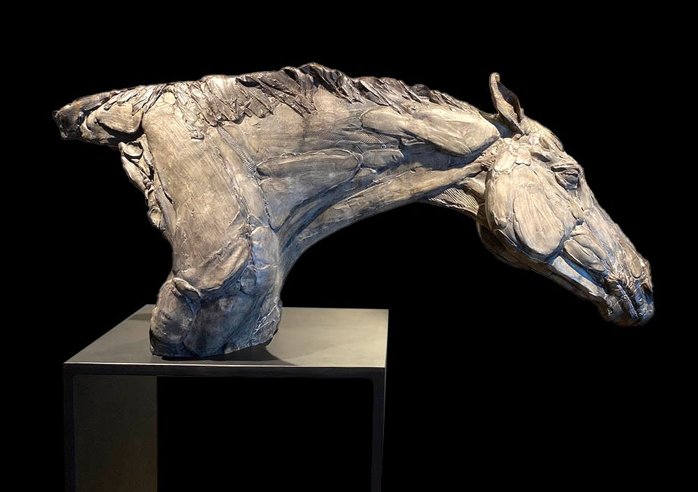 Contemporary Western bronze work of a horse head in an Impressionistic style with a silver patina by Stephanie Revennaugh