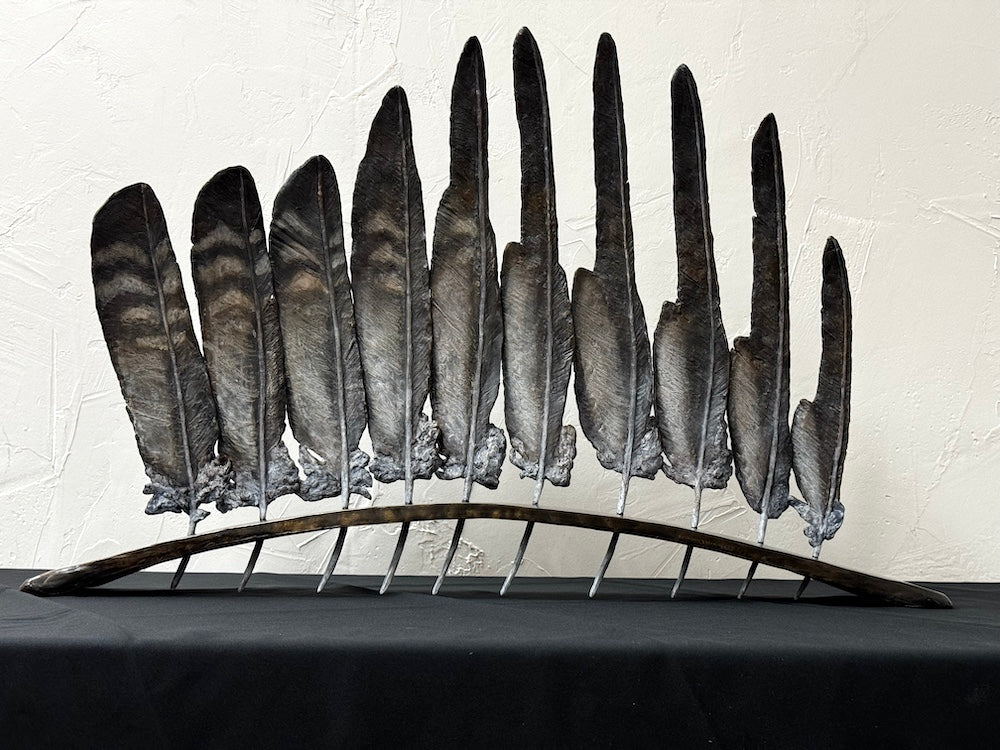 Bronze sculpture of feathers in a row with a white background by Stephanie Revennaugh