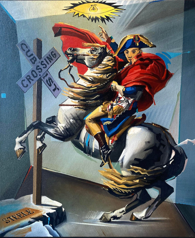 Ben Steele’s Cubist-style painting of Napoleon on horseback beneath a lightbulb, with a sign reading “Cubist Crossing.”