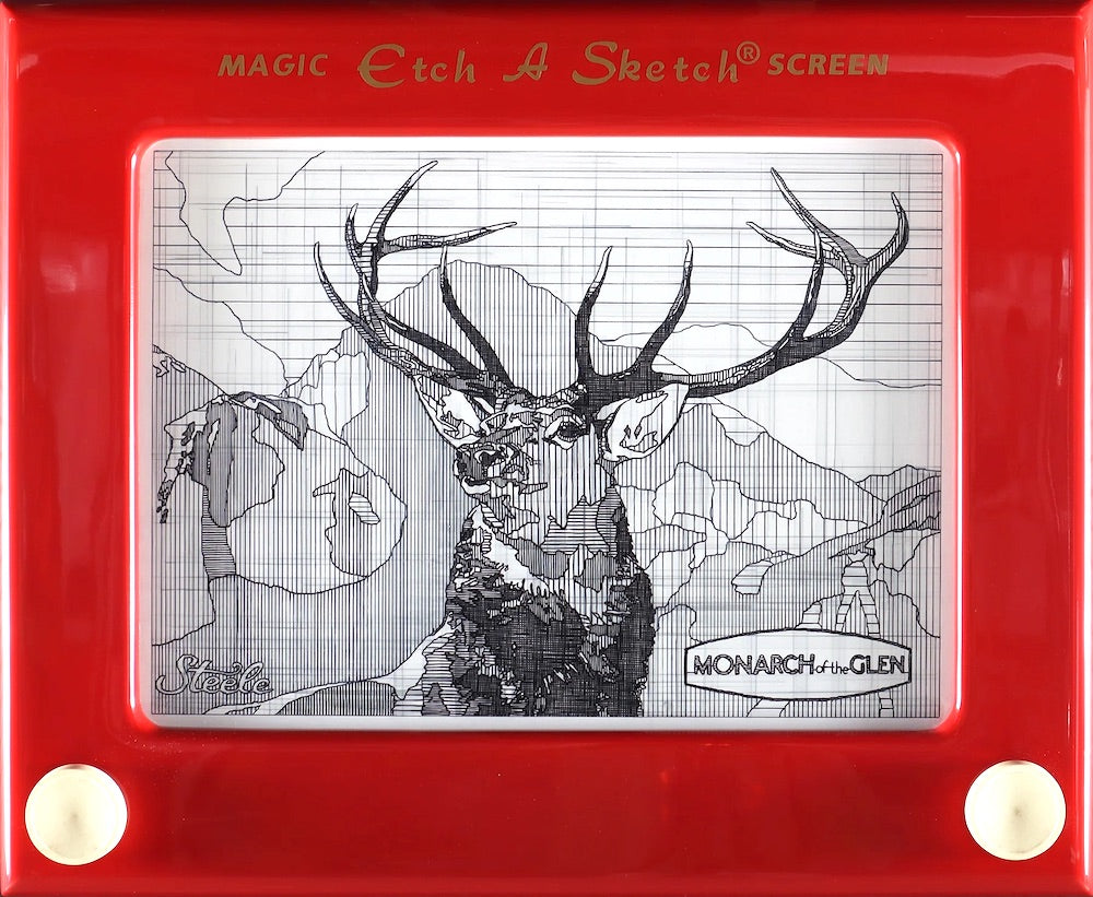 Ben Steele painting of a majestic elk on an Etch A Sketch, titled “Monarch of the Glen,” blending classic wildlife with pop nostalgia.