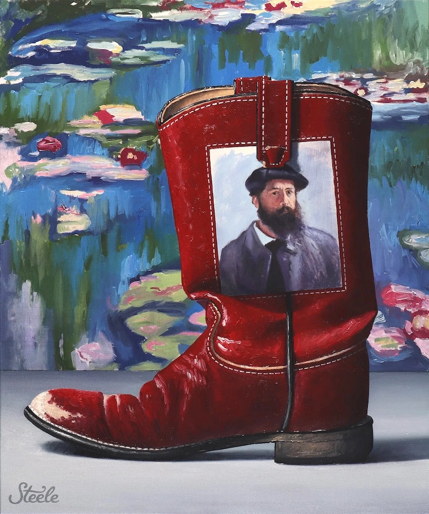 Ben Steele painting of a red cowboy boot with Claude Monet's portrait stitched in, set against a Monet-style lily pond background.