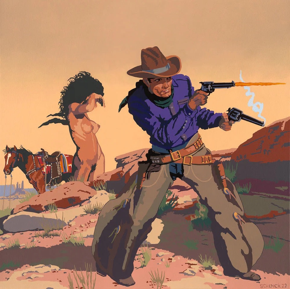 Cowboy in chaps fires twin pistols as a nude woman and saddled horse stand behind him in Billy Schenck’s bold Western Pop scene.