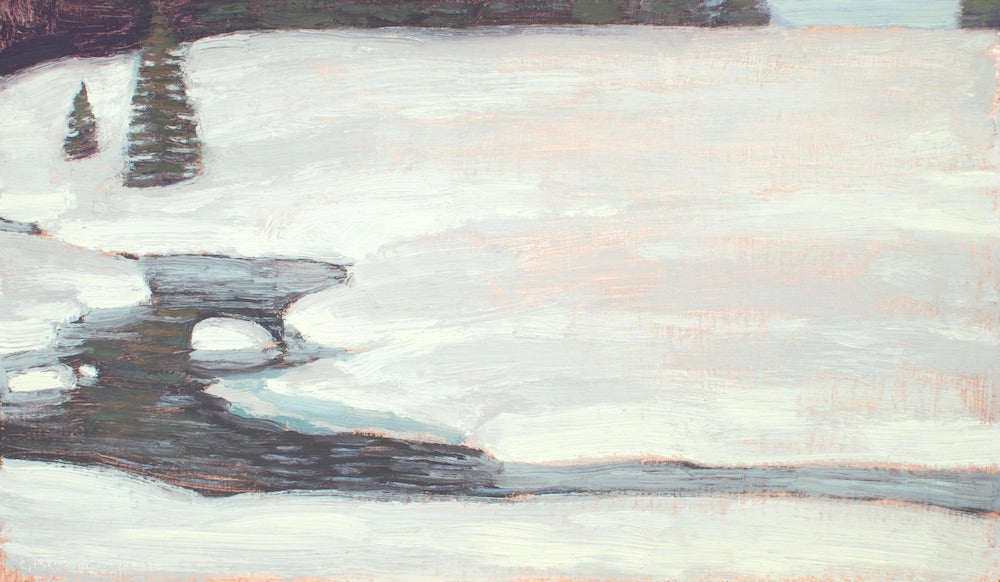 David Grossmann painting of a winding creek cutting through a quiet snow-covered field with evergreen trees in the background.