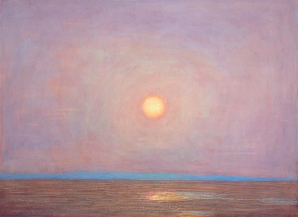 David Grossmann painting of a glowing sun above a tranquil body of water, rendered in soft pinks and purples.