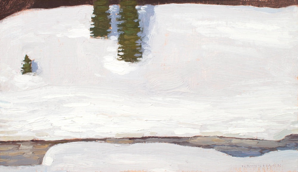 David Grossmann painting of a snowy Western landscape with evergreen trees and a gently curving creek at the bottom of the frame.