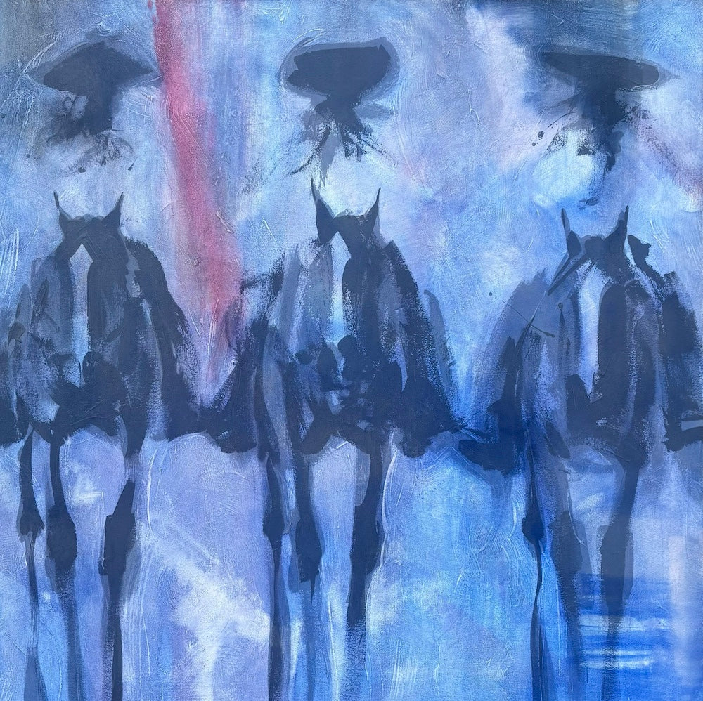 Abstract painting with three cowboys on a blue background by Duke Beardsley
