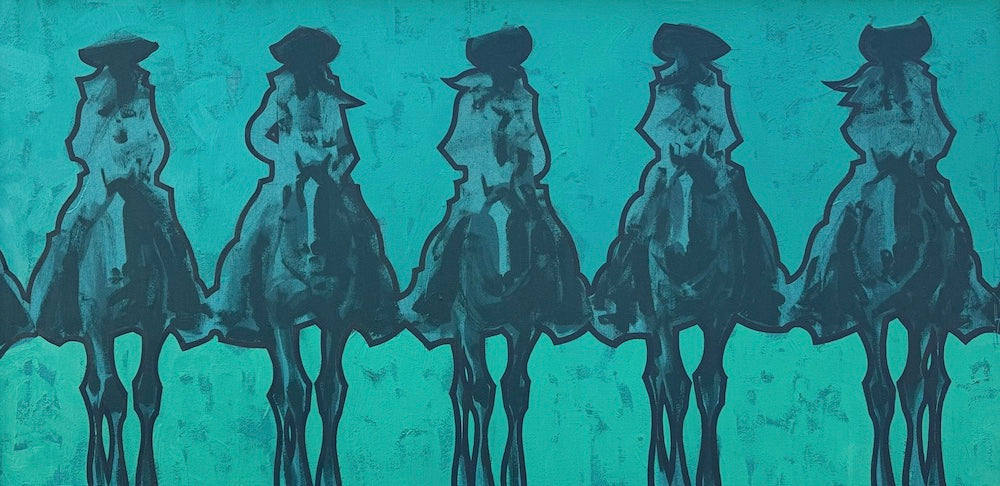 Repetition of a stylized painting of a cowboy on horseback against a teal background by Duke Beardsley