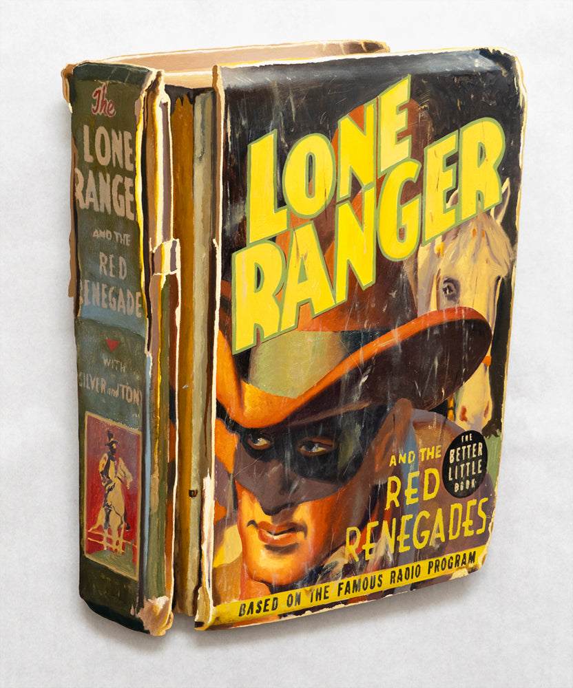 Painting of a vintage book cover of 'The Lone Ranger and the Red Renegades' by Geoffrey Gersten