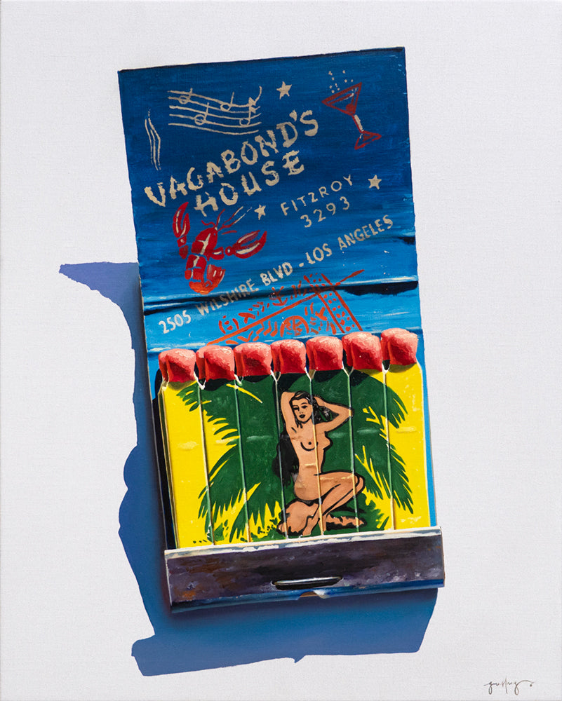 Painting of a matchbox with colorful design and matches on a white background by Geoffrey Gersten