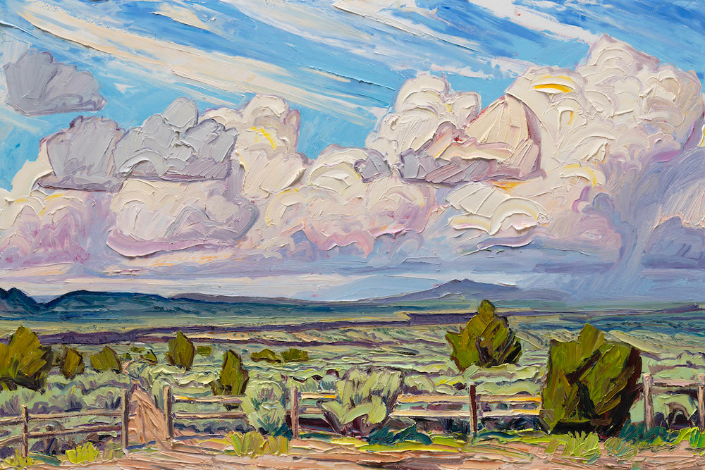 Contemporary Western landscape painting of sunny skies, clouds, and trees by Jivan Lee
