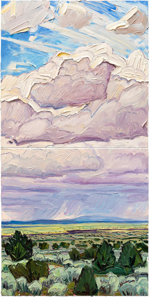 contemporary western landscape painting by Jivan Lee of a new mexico landscape with rain